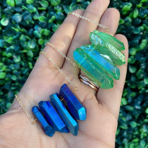 Jewelry - Aurora Quartz Crystal Genuine Gemstone Necklace Gold Multi Color Boho Pendant